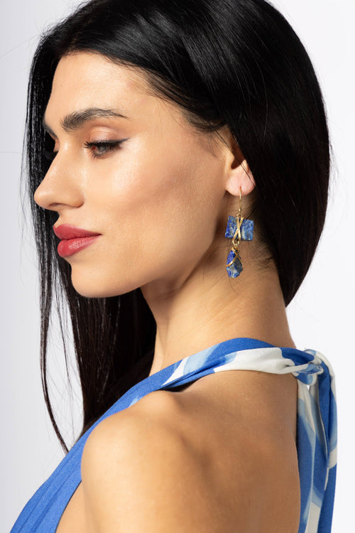 Boucles d’oreilles organiques à étages — Lapis et or
